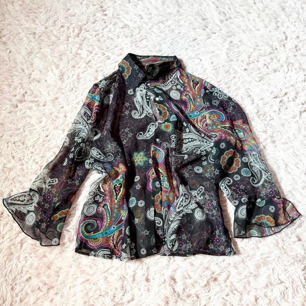 Sheer Flowy Paisley Retro Funky Layering Bell Sleeve Top Womens